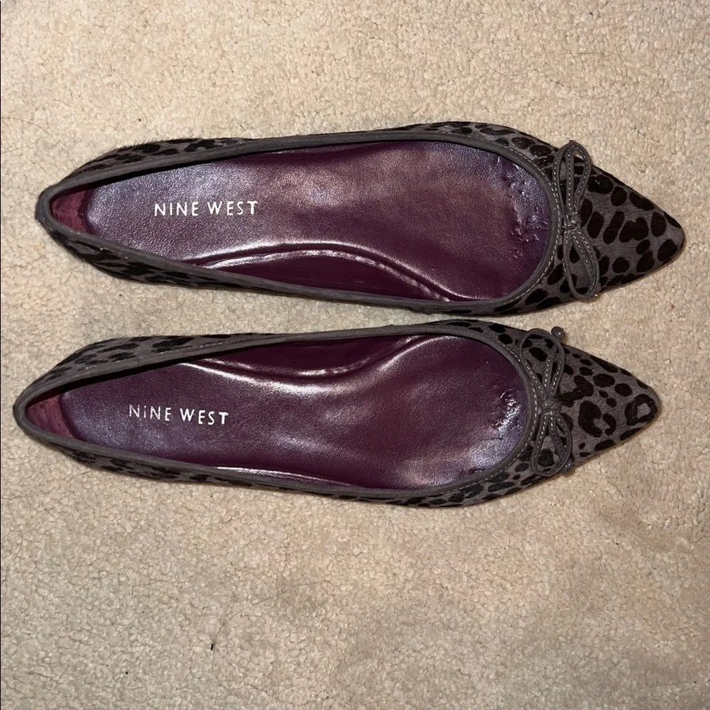Nine West Gray and Black Leopard Print Pointed Toe Flats